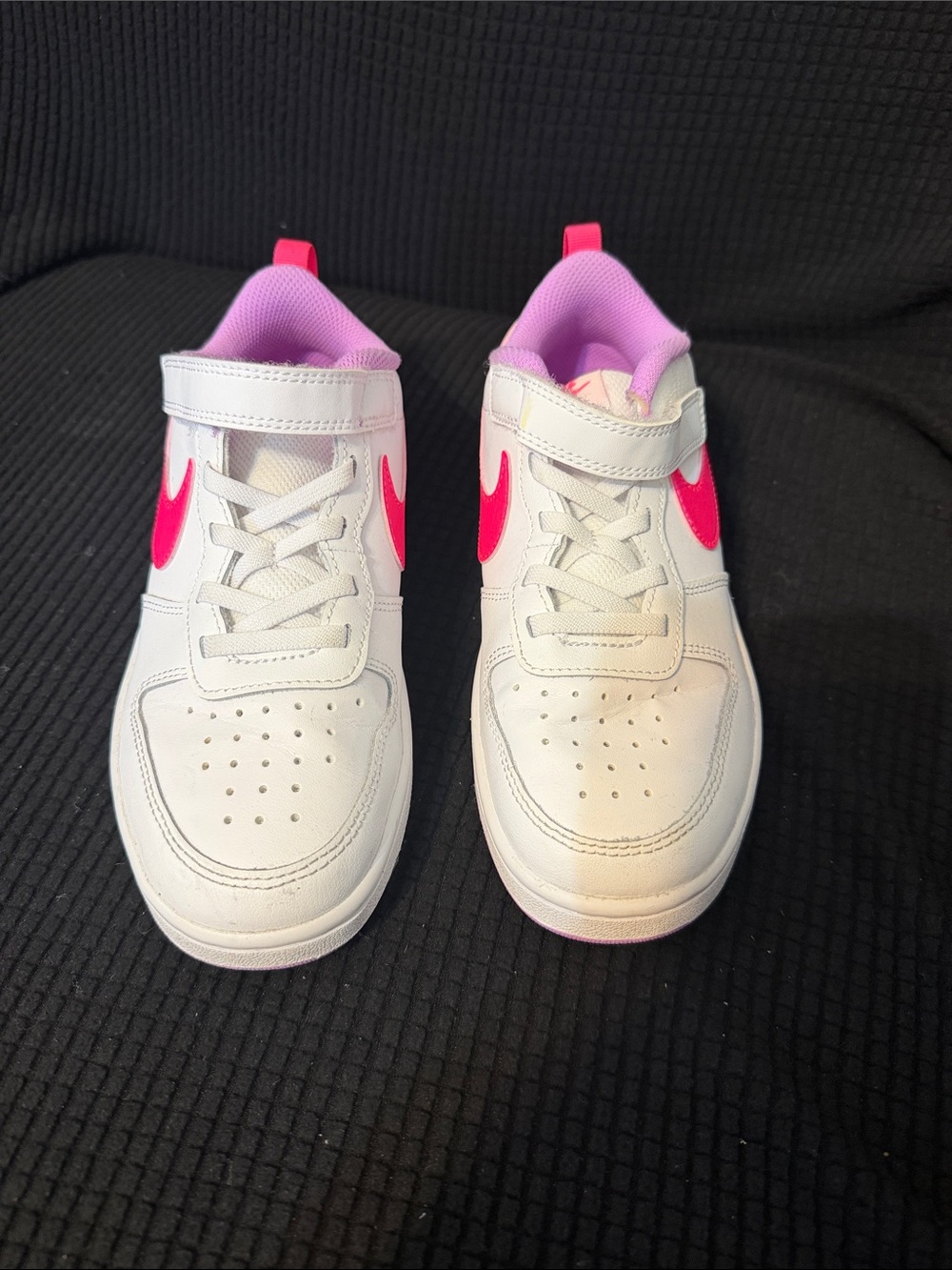 Nike Kids White Sneakers with Hot Pink Swoosh and Lilac Lining
